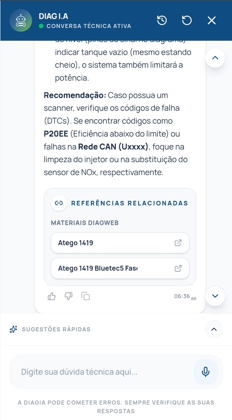 Diag IA apresentando materiais técnicos relacionados disponíveis no Diagweb.